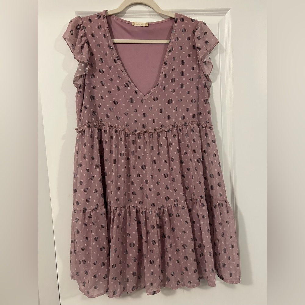 Altar'd State Dusty Mauve Tiered Polka Dot Mini Dress